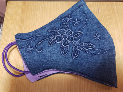 Denim Embroidered Flowers Face Cover w/ Color inside - MSWCUSTOMPRINTS / LADYGRIND.COM